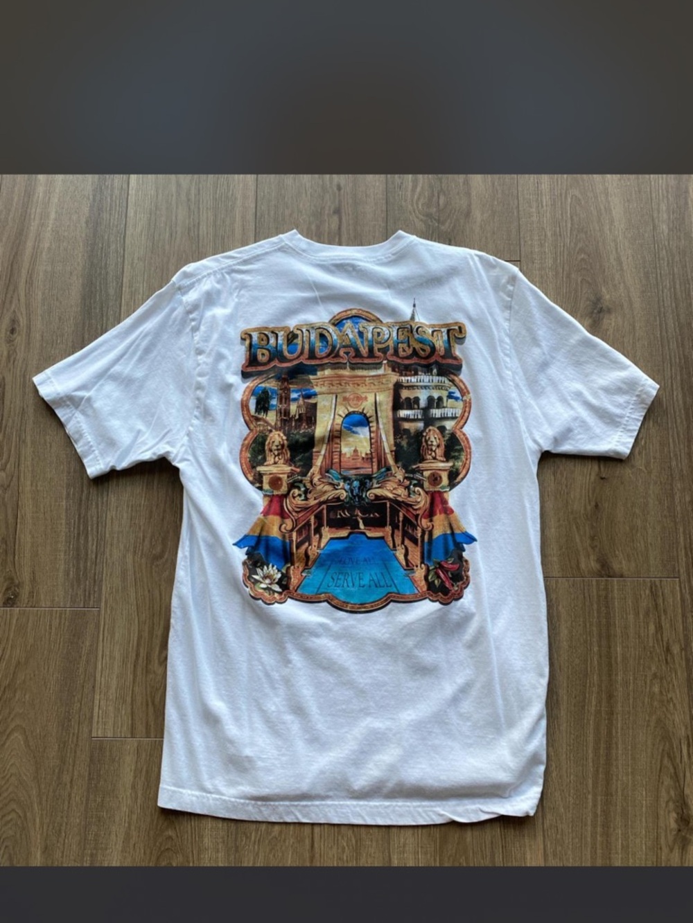 Hard Rock Cafe White Budapest Graphic Tee with Blue and Red Accents